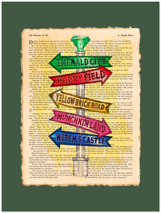Colorful signpost with directional arrows on a text background