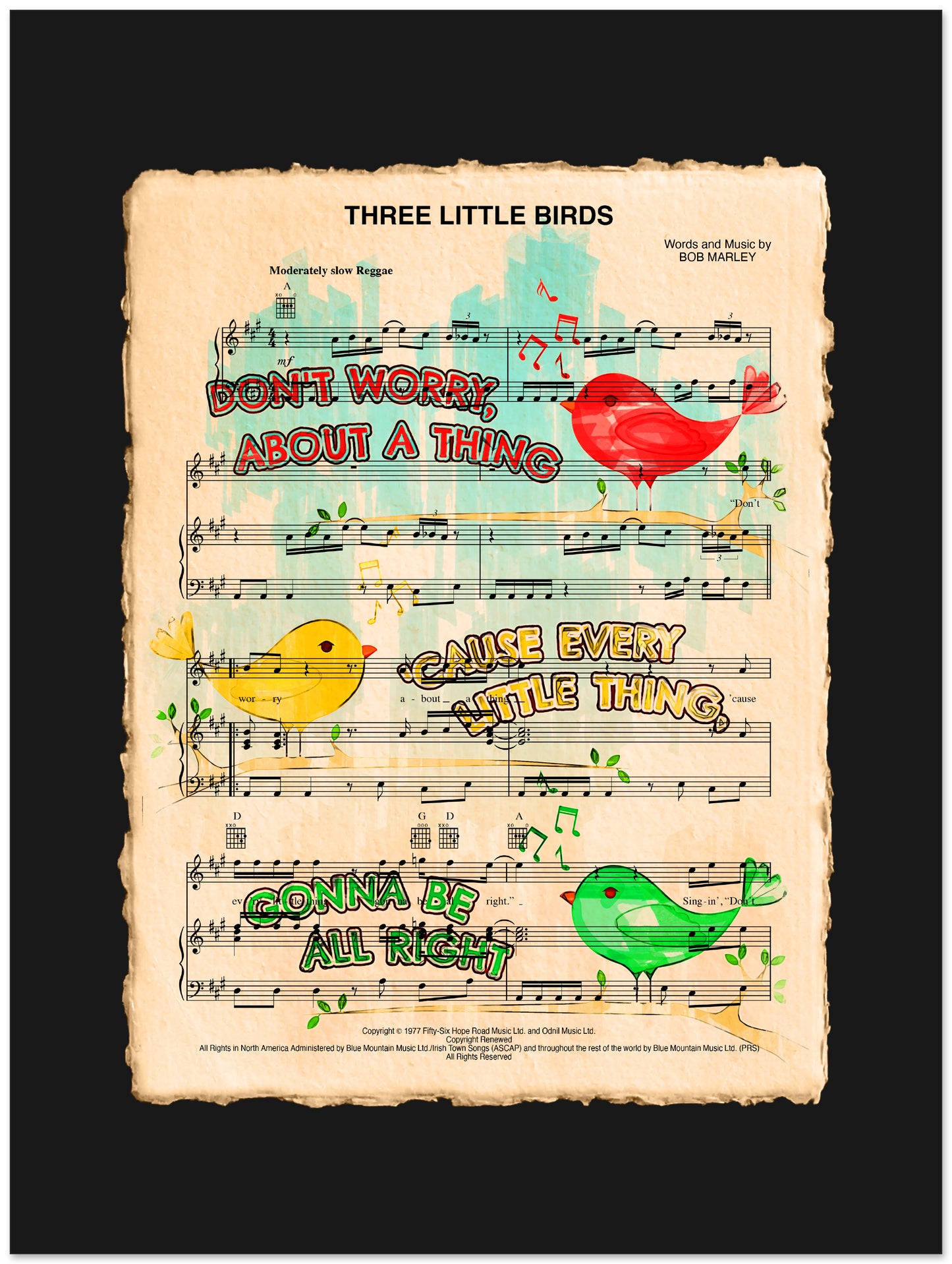 Sheet music with colorful birds and lyrics on a black background