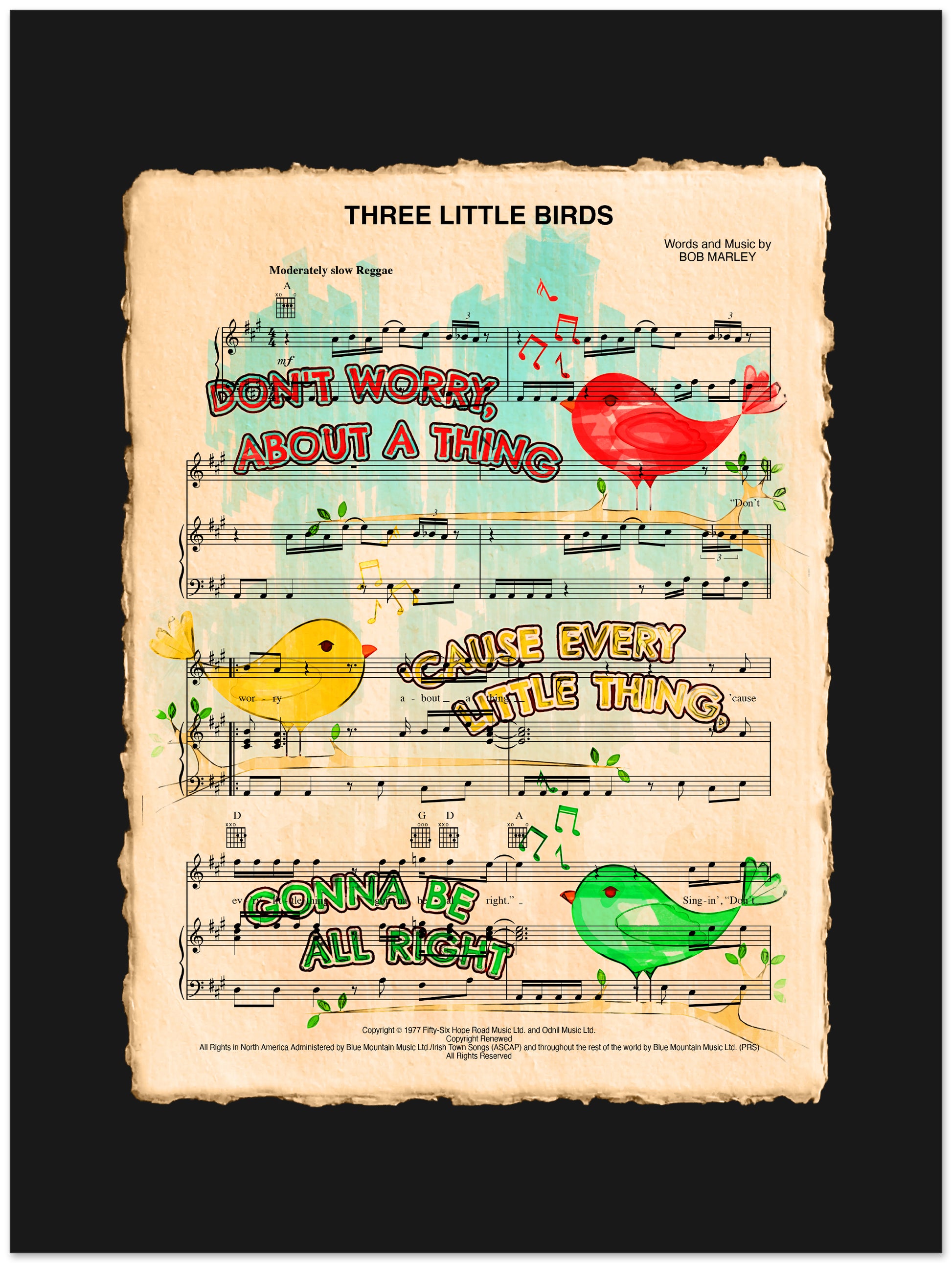 Sheet music with colorful birds and lyrics on a black background