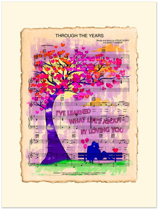 Colorful tree with hearts on a sheet music background