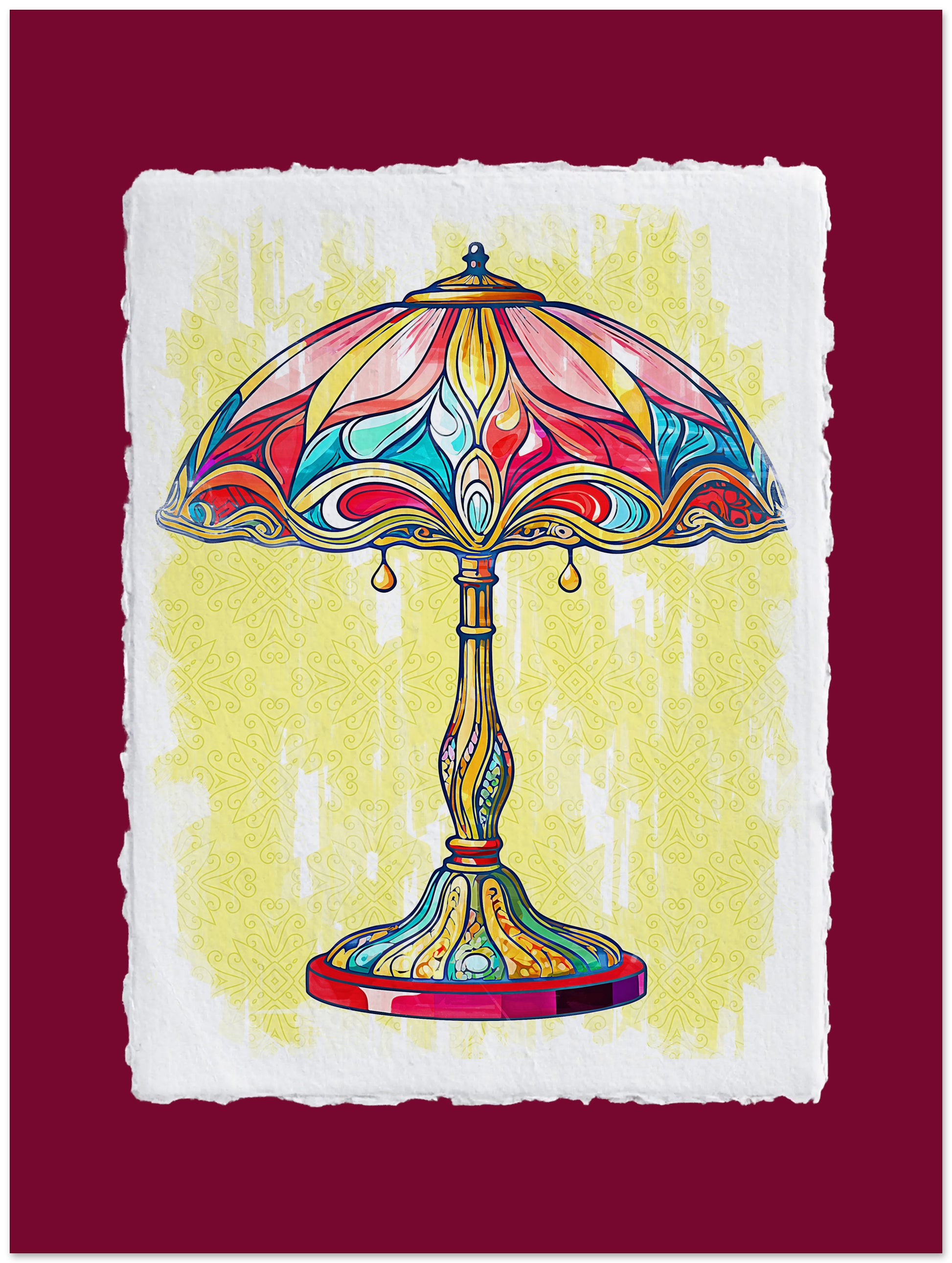 Colorful stained glass lamp design on a yellow background with a red border