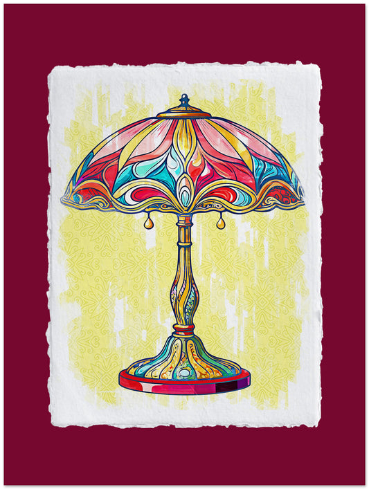 Colorful stained glass lamp design on a yellow background with a red border