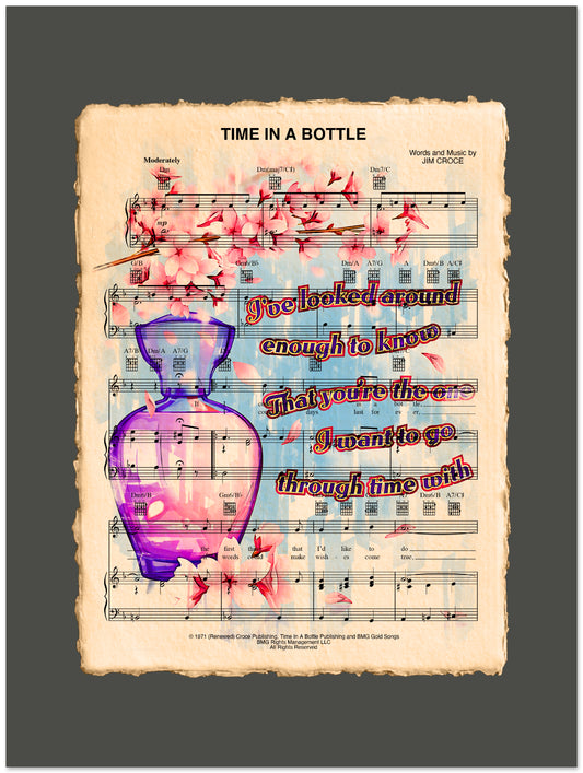 Sheet music with a colorful hourglass design and cherry blossoms on a dark background