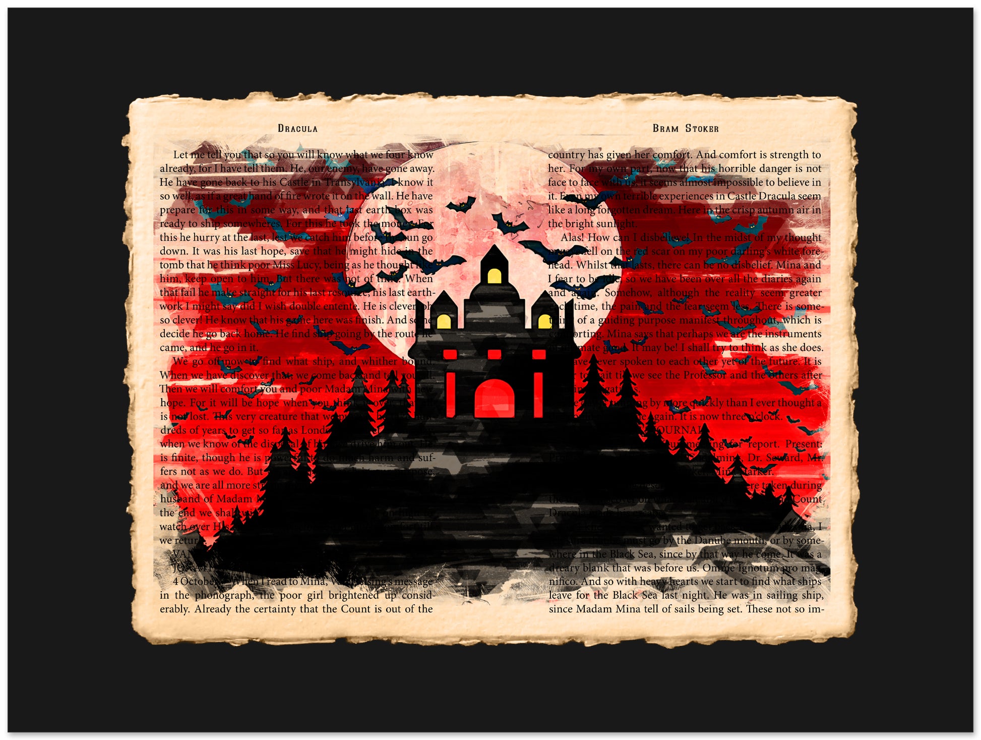 Dracula themed design with a castle, bats, and a full moon on an old book page background.