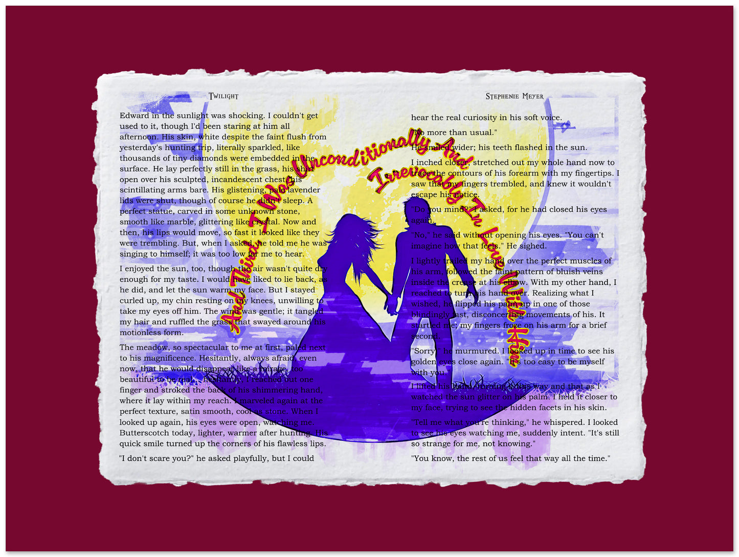 Silhouette of a couple holding hands on a book page with colorful text overlay