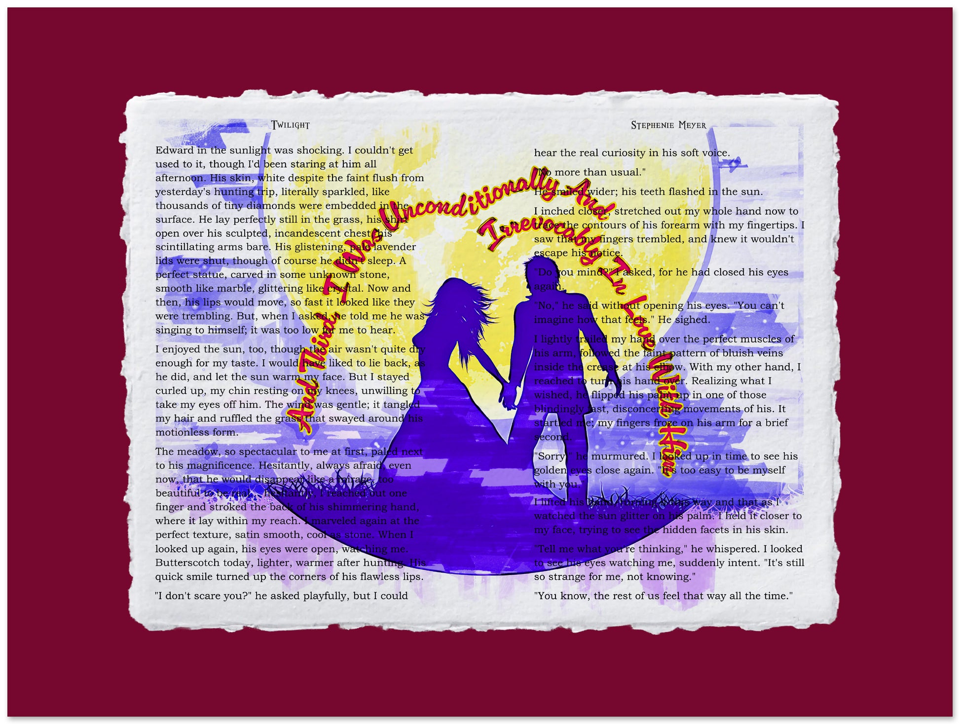 Silhouette of a couple holding hands on a book page with colorful text overlay