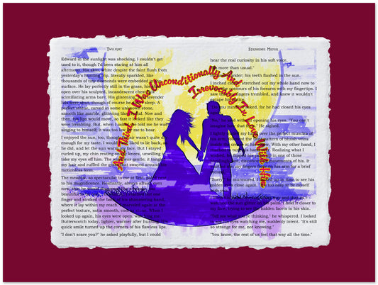 Silhouette of a couple holding hands on a book page with colorful text overlay
