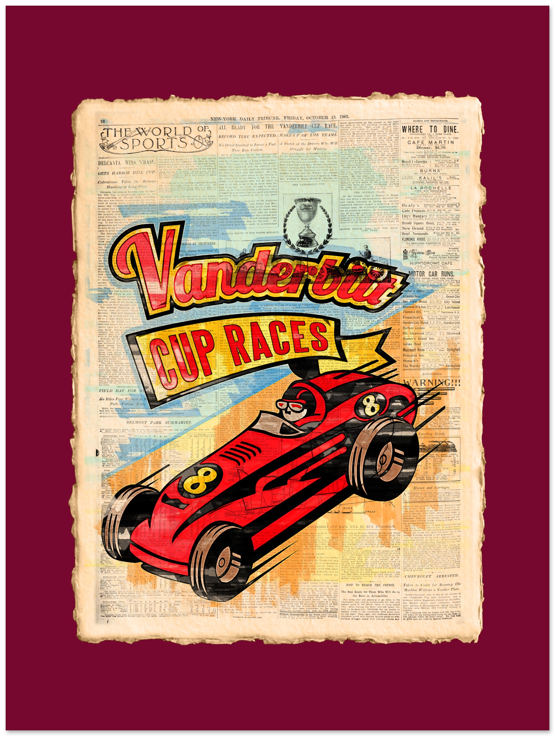Vintage-style poster of a red race car with 'Vanderbilt Cup Races' text on a newspaper background.