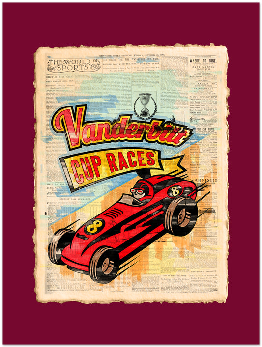 Vintage-style poster of a red race car with 'Vanderbilt Cup Races' text on a newspaper background.
