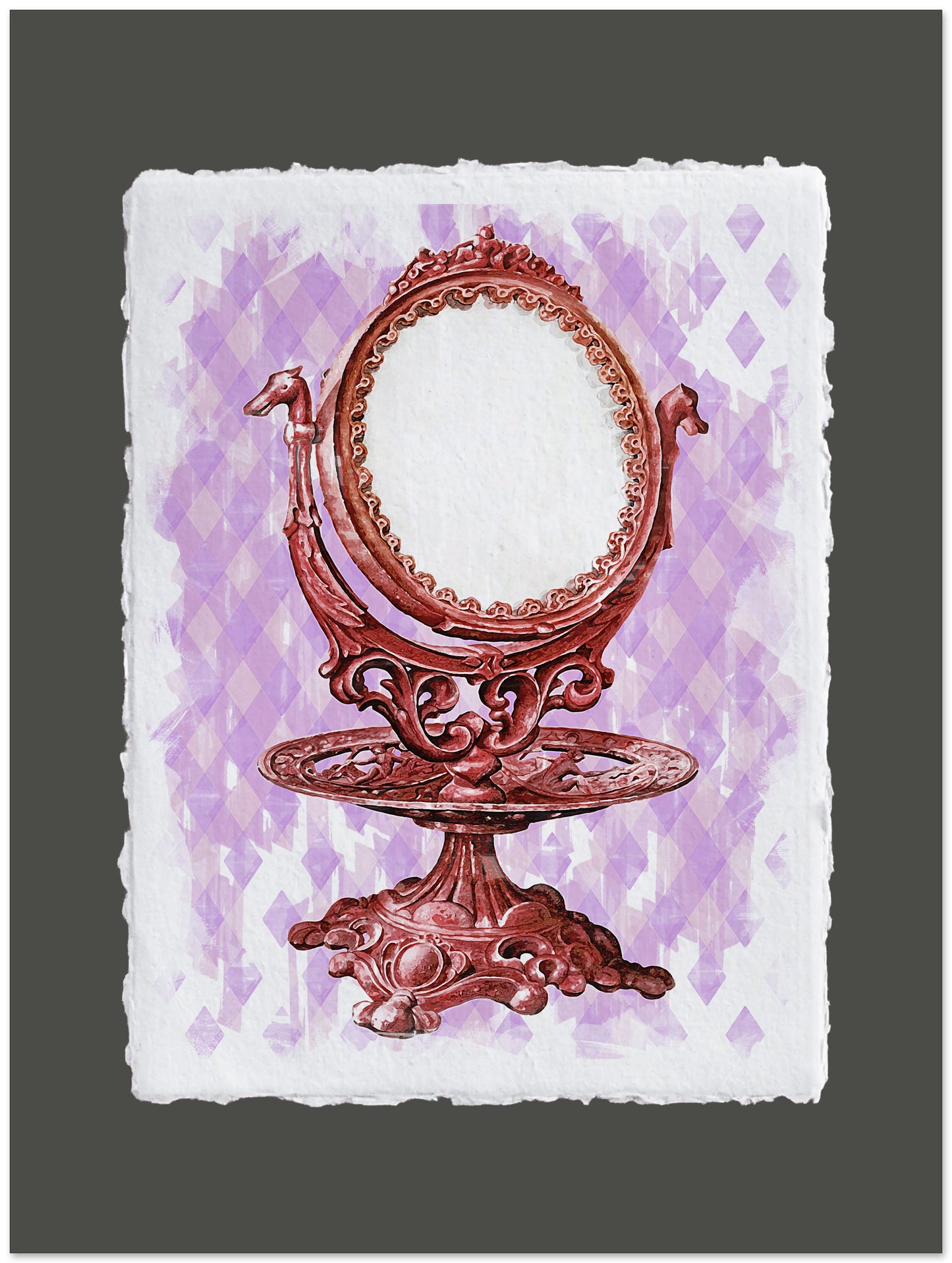 Decorative vintage-style mirror on a textured purple and white background