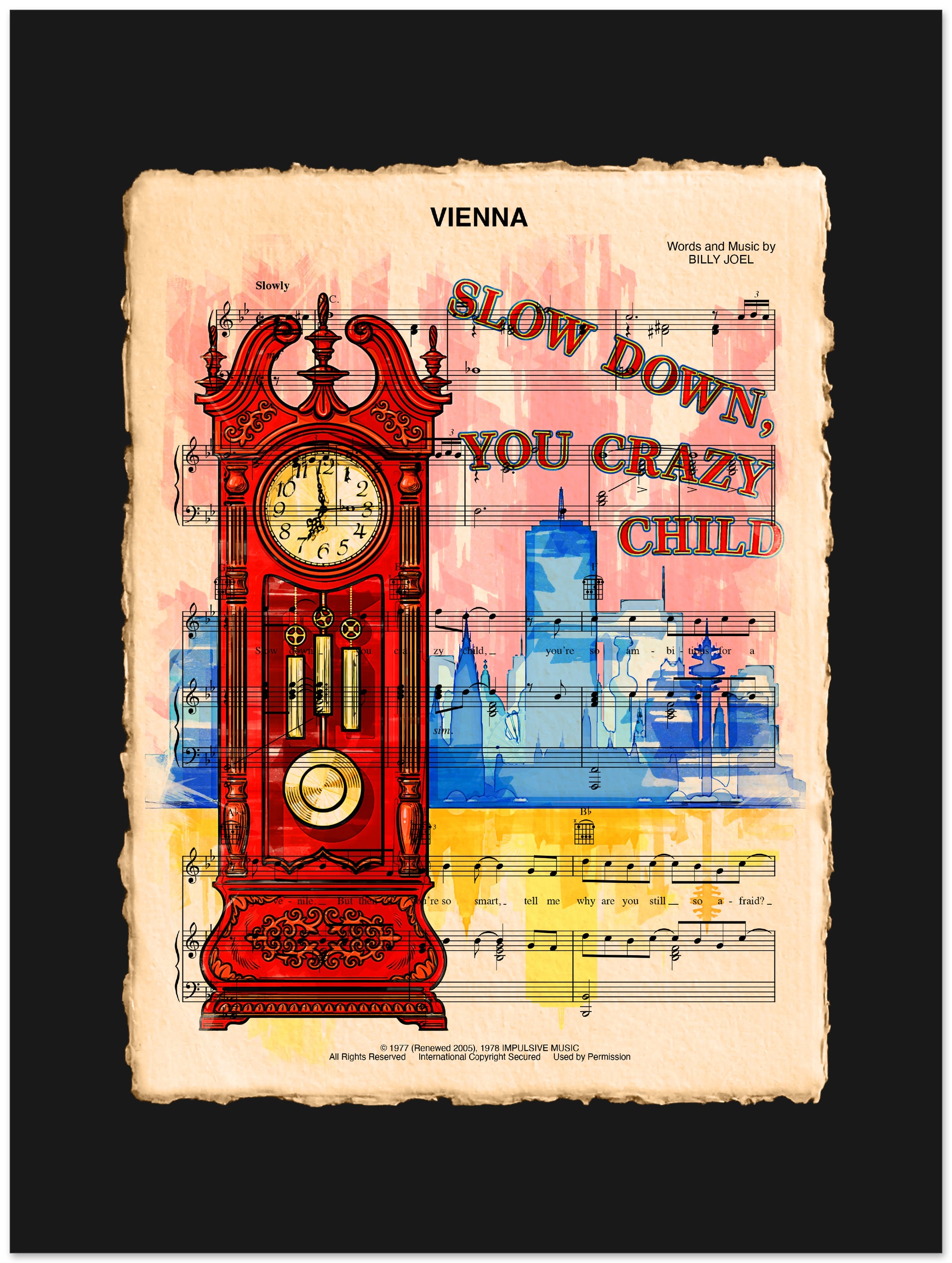 Colorful poster with a red grandfather clock, sheet music, and text on a black background