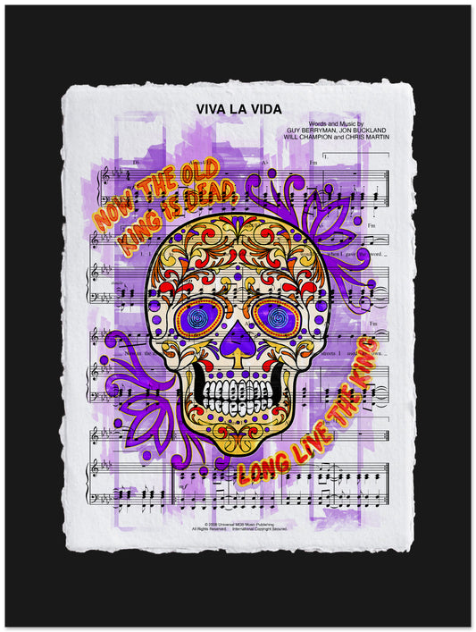 Colorful skull design on sheet music with 'Viva La Vida' text