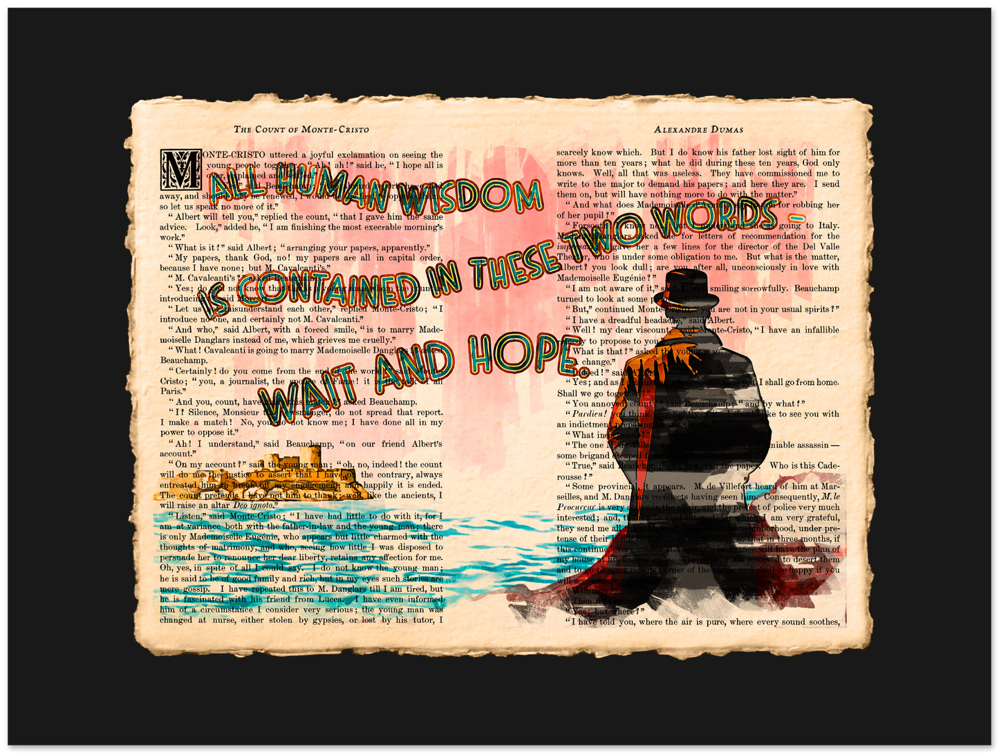 Artistic collage with text 'All human wisdom is contained in these two words: wait and hope.' and a silhouette of a person by a body of water.