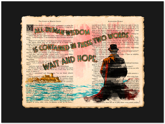 Artistic collage with text 'All human wisdom is contained in these two words: wait and hope.' and a silhouette of a person by a body of water.
