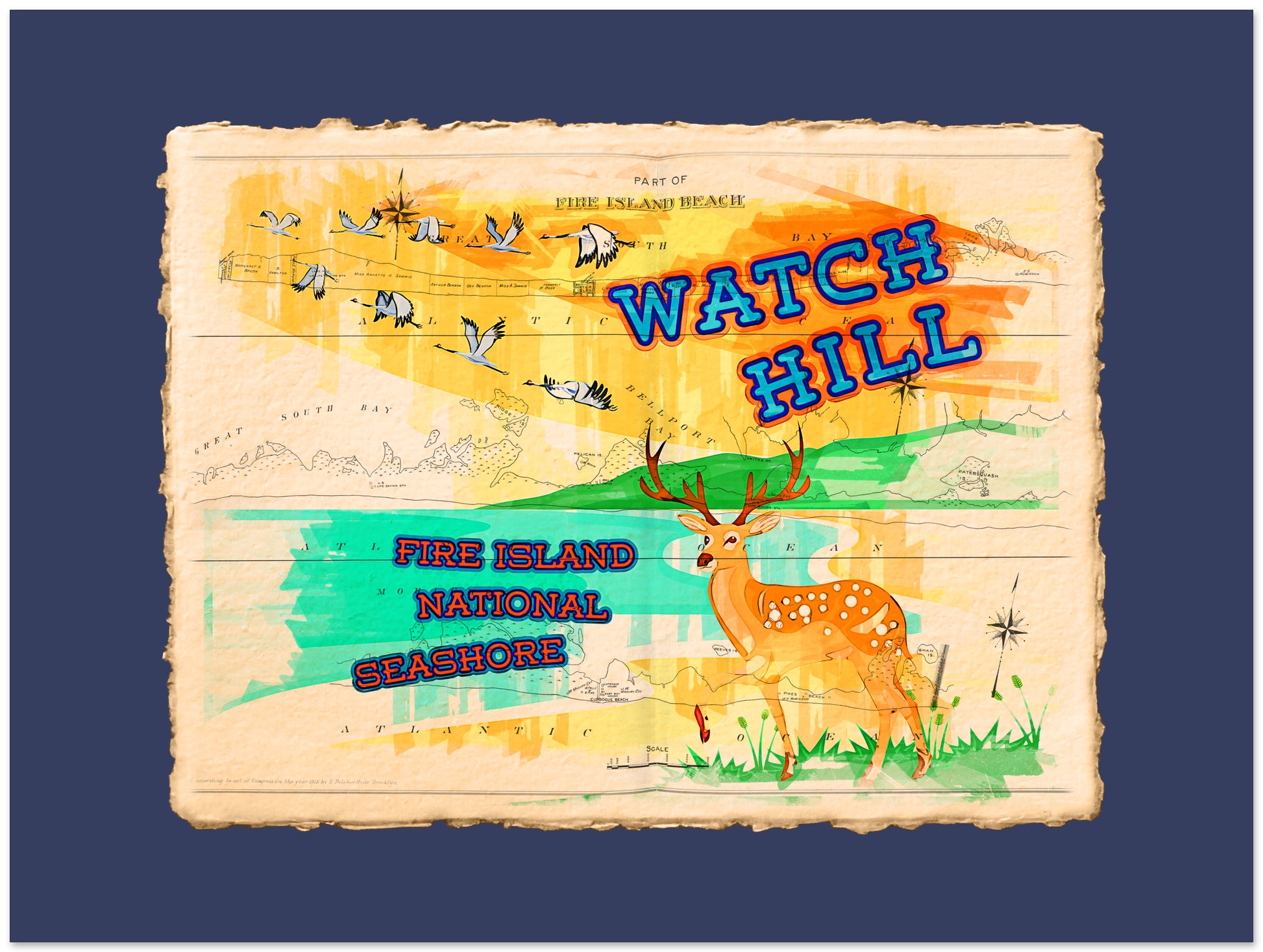 Map of Watch Hill Fire Island National Seashore with a deer illustration on a blue background