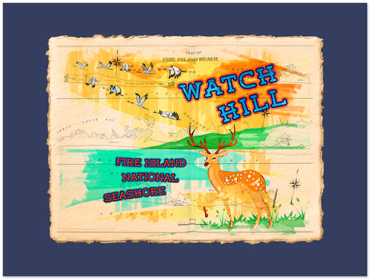 Map of Watch Hill Fire Island National Seashore with a deer illustration on a blue background