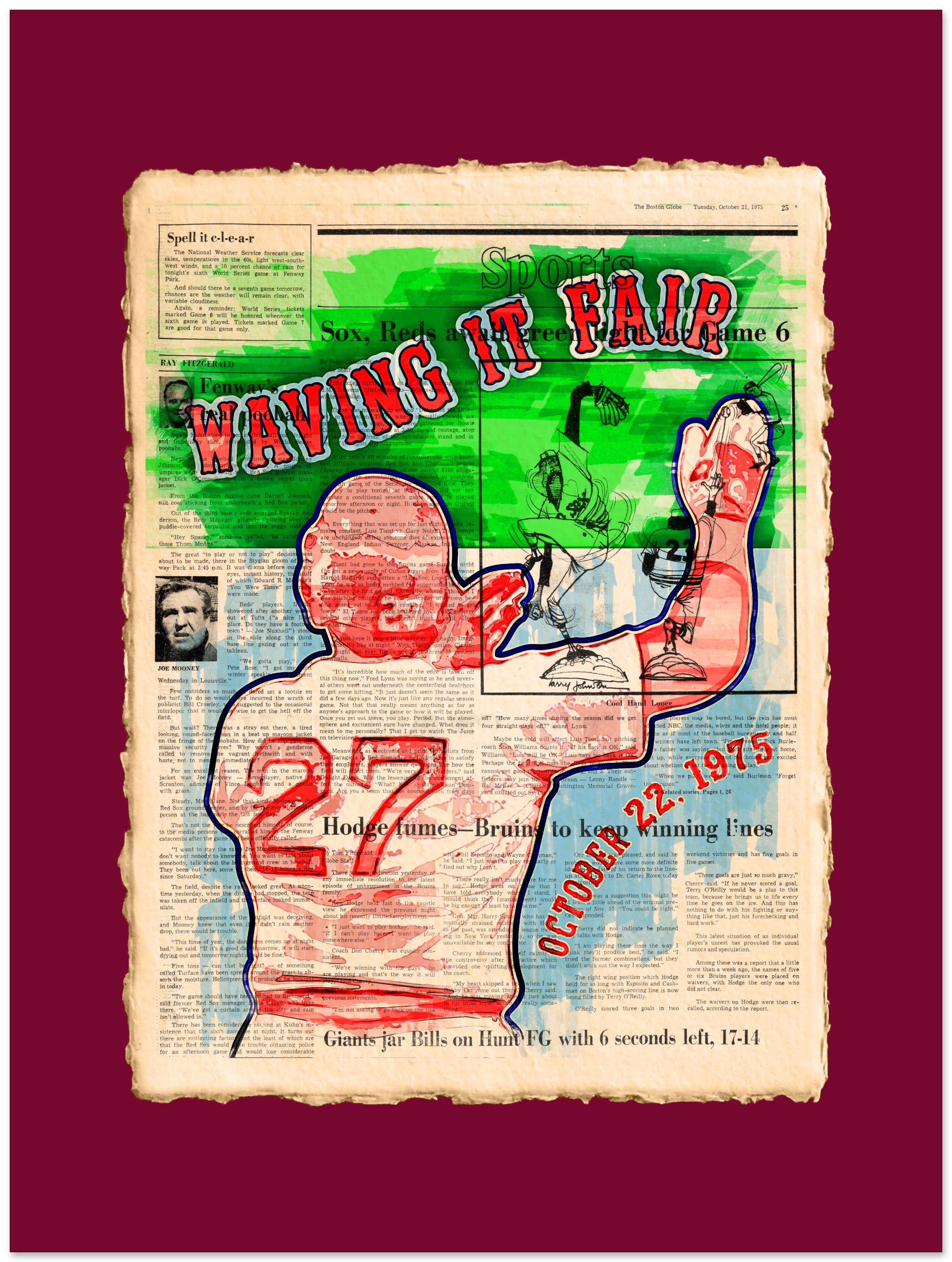 Vintage-style sports newspaper with colorful graphics and text on a red background