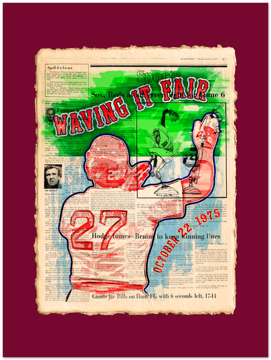 Vintage-style sports newspaper with colorful graphics and text on a red background