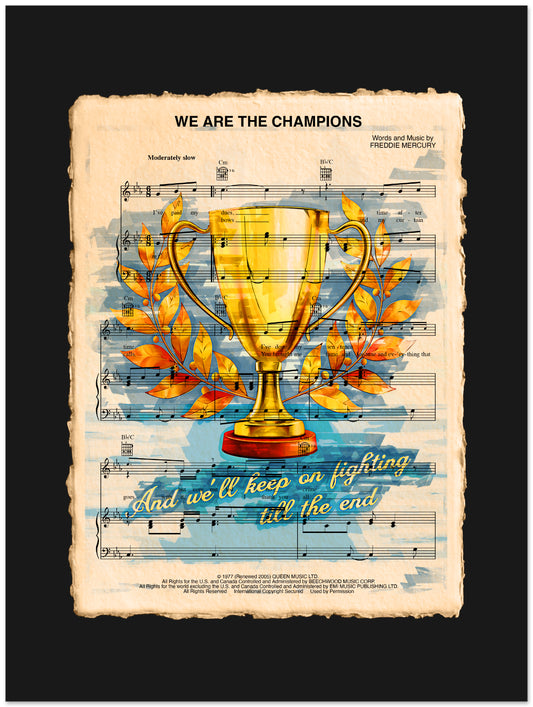 Decorative poster with a gold trophy, leaves, and sheet music on a black background
