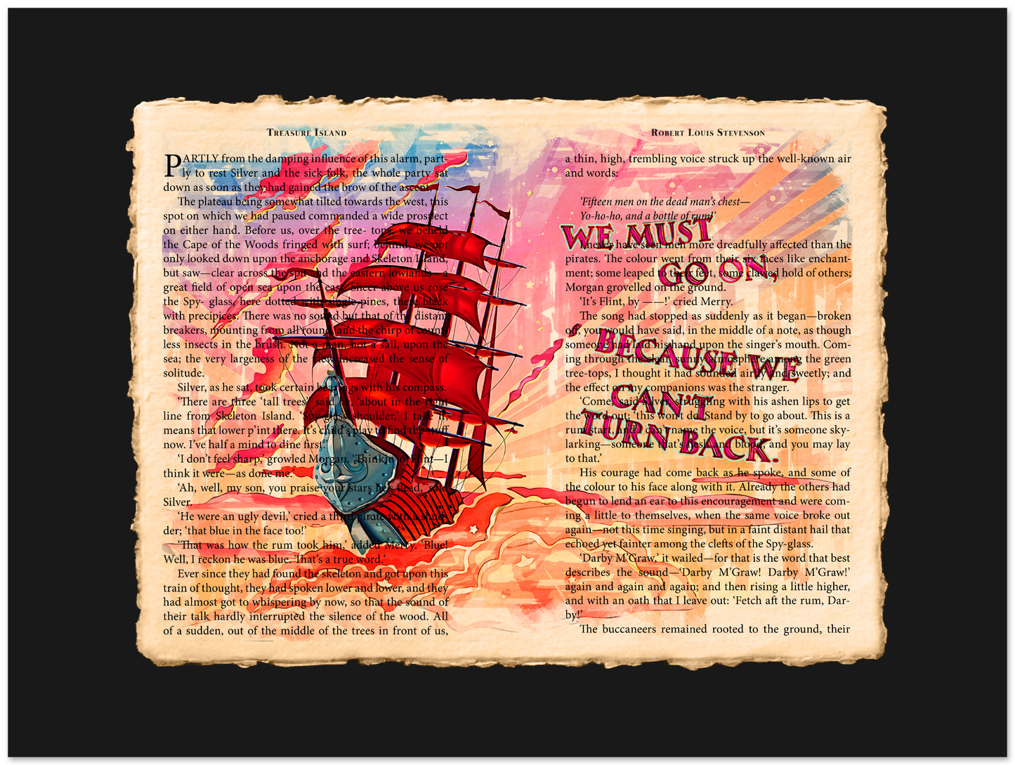 Artistic depiction of a ship with text on a textured background