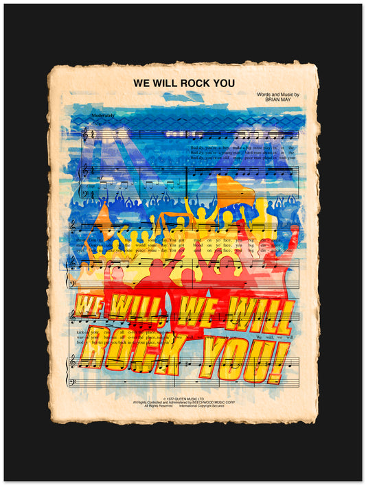 Colorful poster with 'We Will Rock You' text and musical notes on a black background