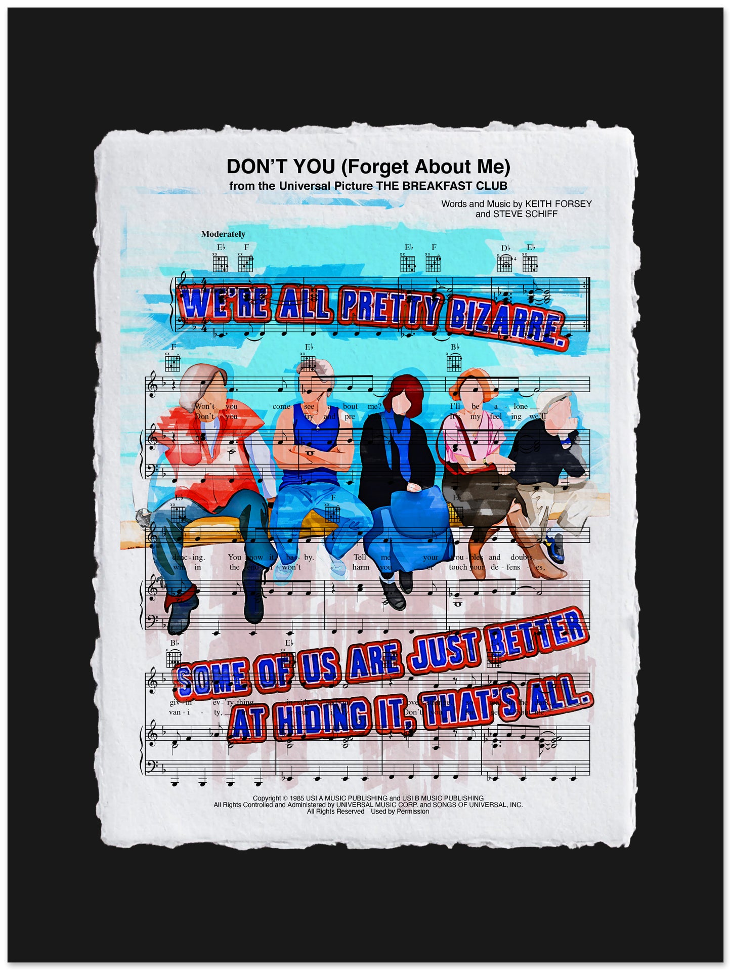 Surreal poster with people sitting on a bench and text overlay on a sheet music background