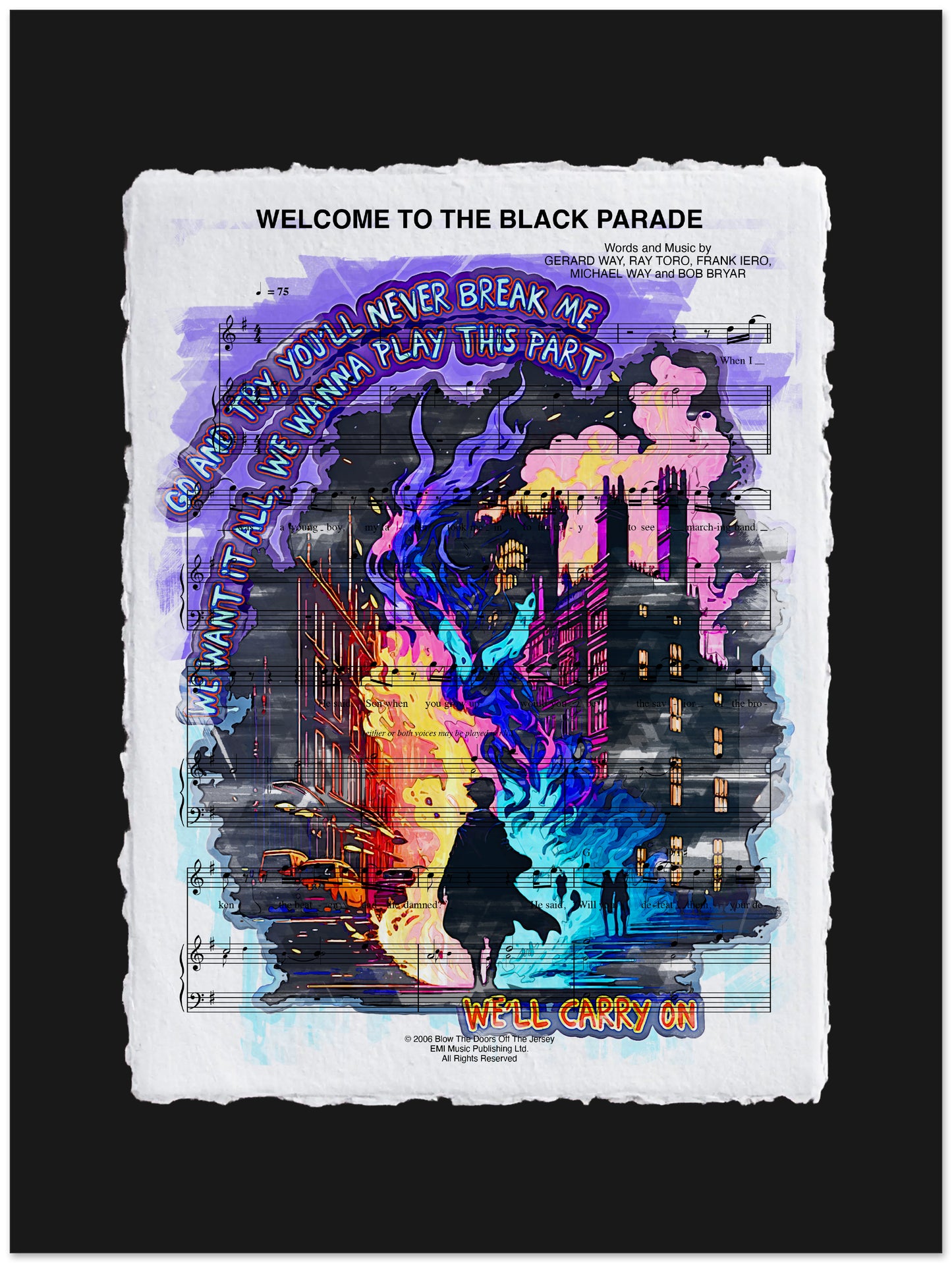 Colorful poster with artistic design and text, featuring a silhouette of a person and abstract elements.