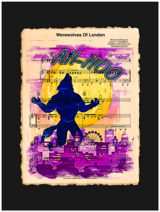 Sheet music cover with a silhouette of a creature, cityscape, and 'Ah-Hoo' text on a black background.