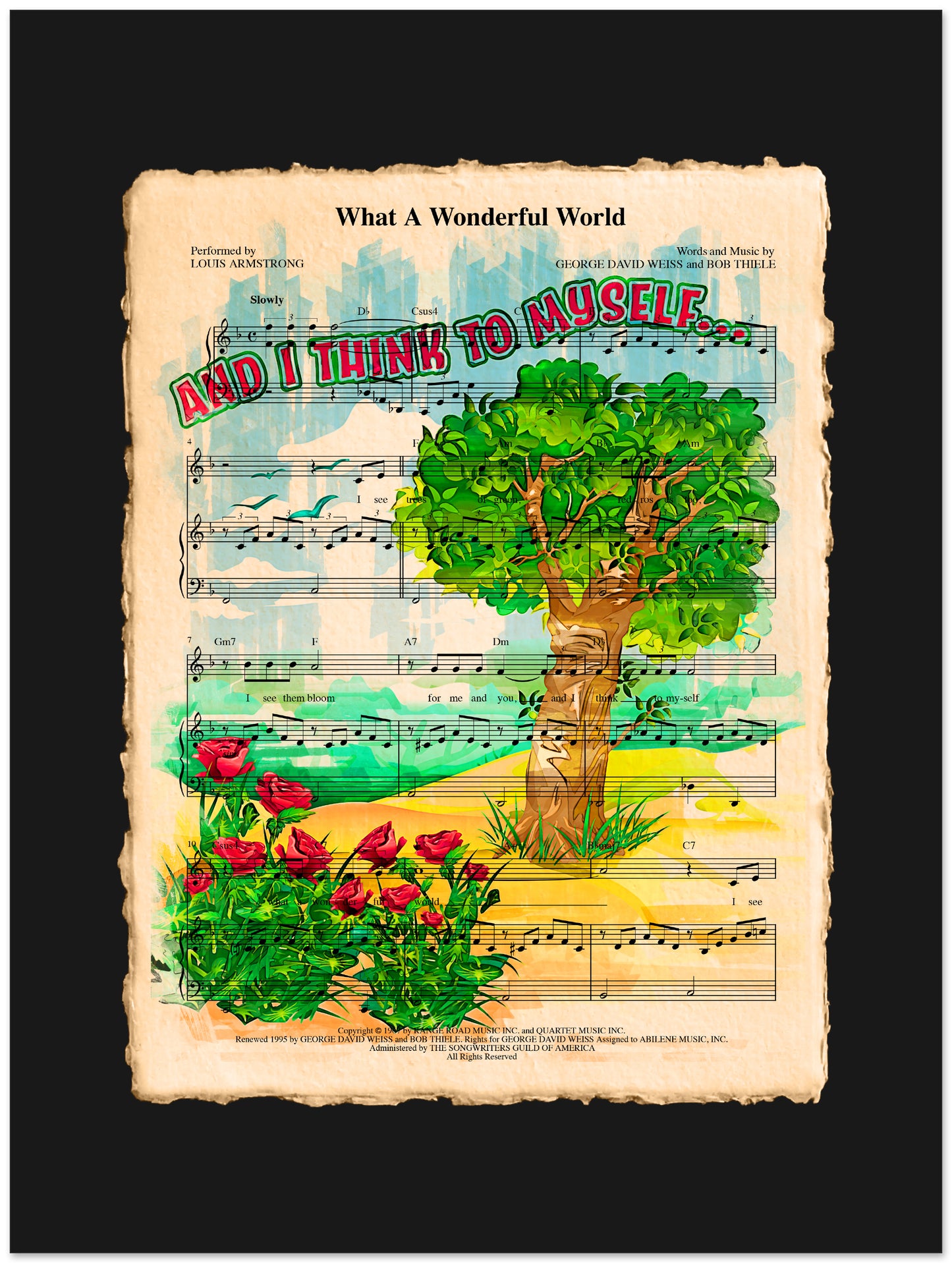 Sheet music with a colorful illustration of a tree and flowers on a black background