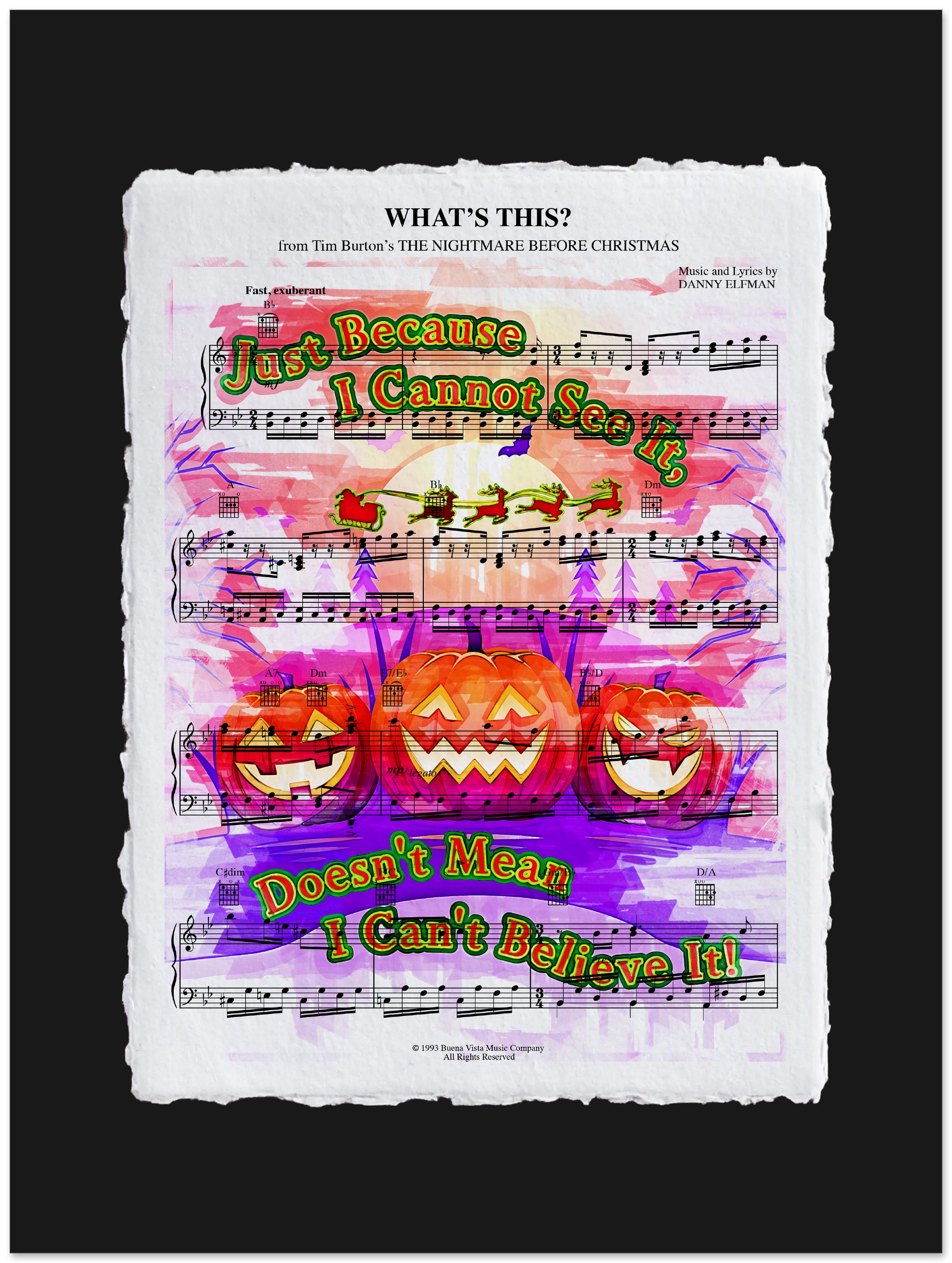 Sheet music with Halloween-themed pumpkins and colorful text on a black background
