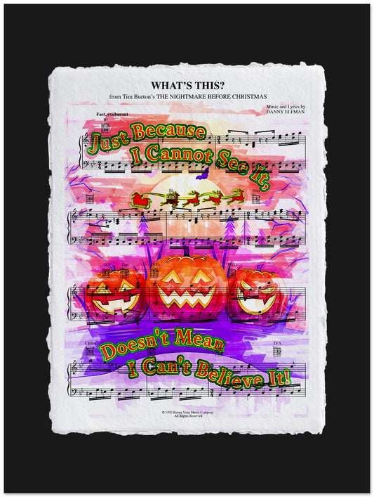 Sheet music with Halloween-themed pumpkins and colorful text on a black background