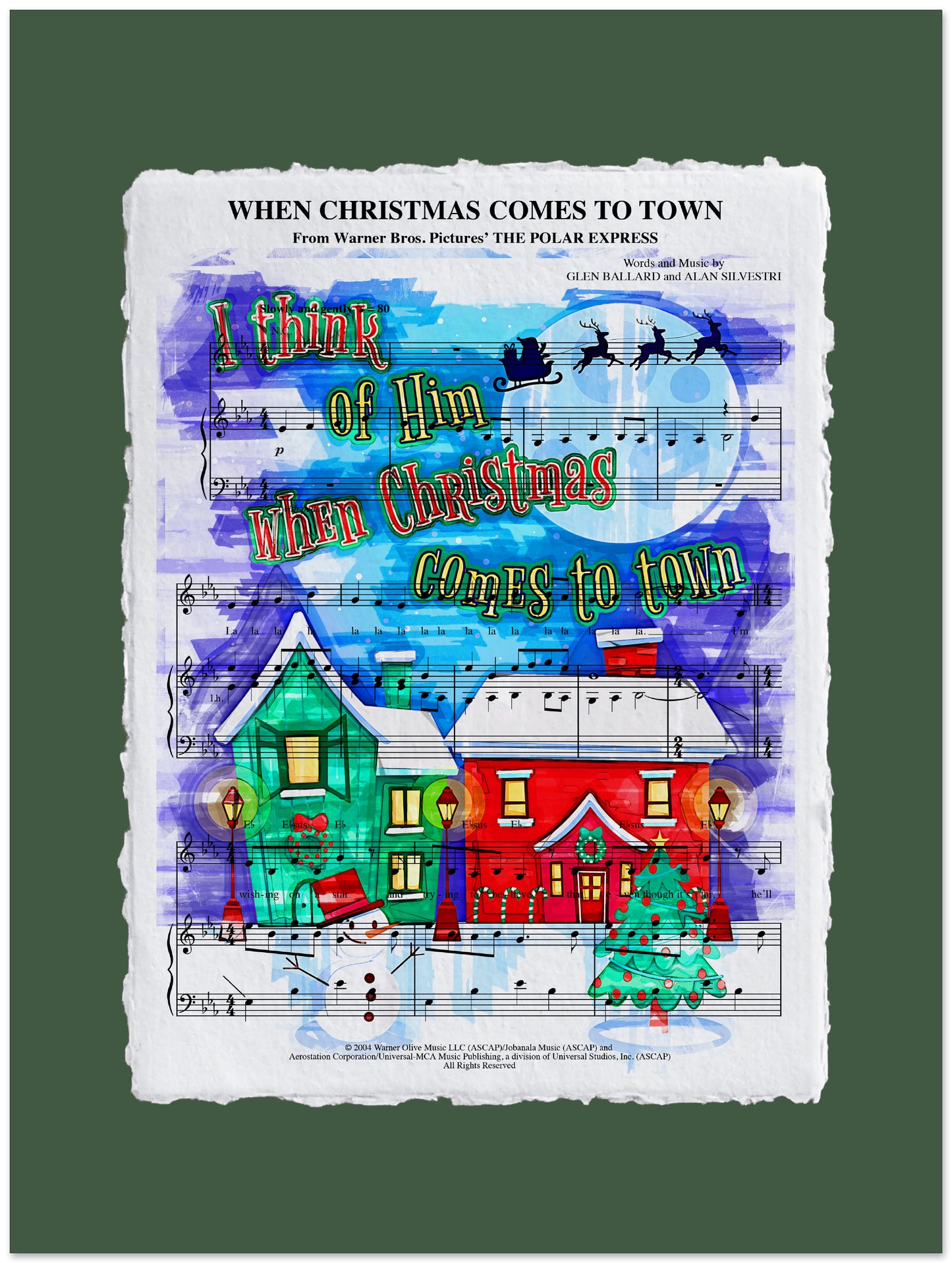 Christmas-themed poster with snowy village scene and musical notes on a green background