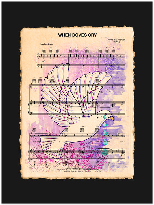 Art print with a dove illustration on sheet music background
