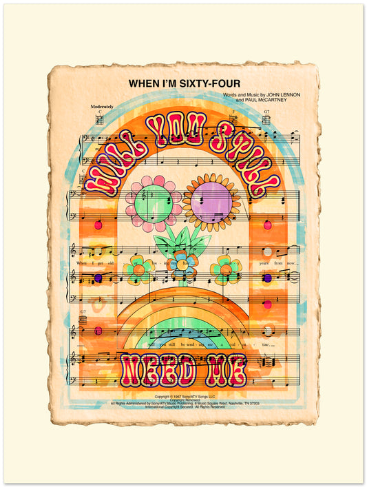 Colorful poster with musical notes and text 'Will You Still Need Me' on a sheet music background.