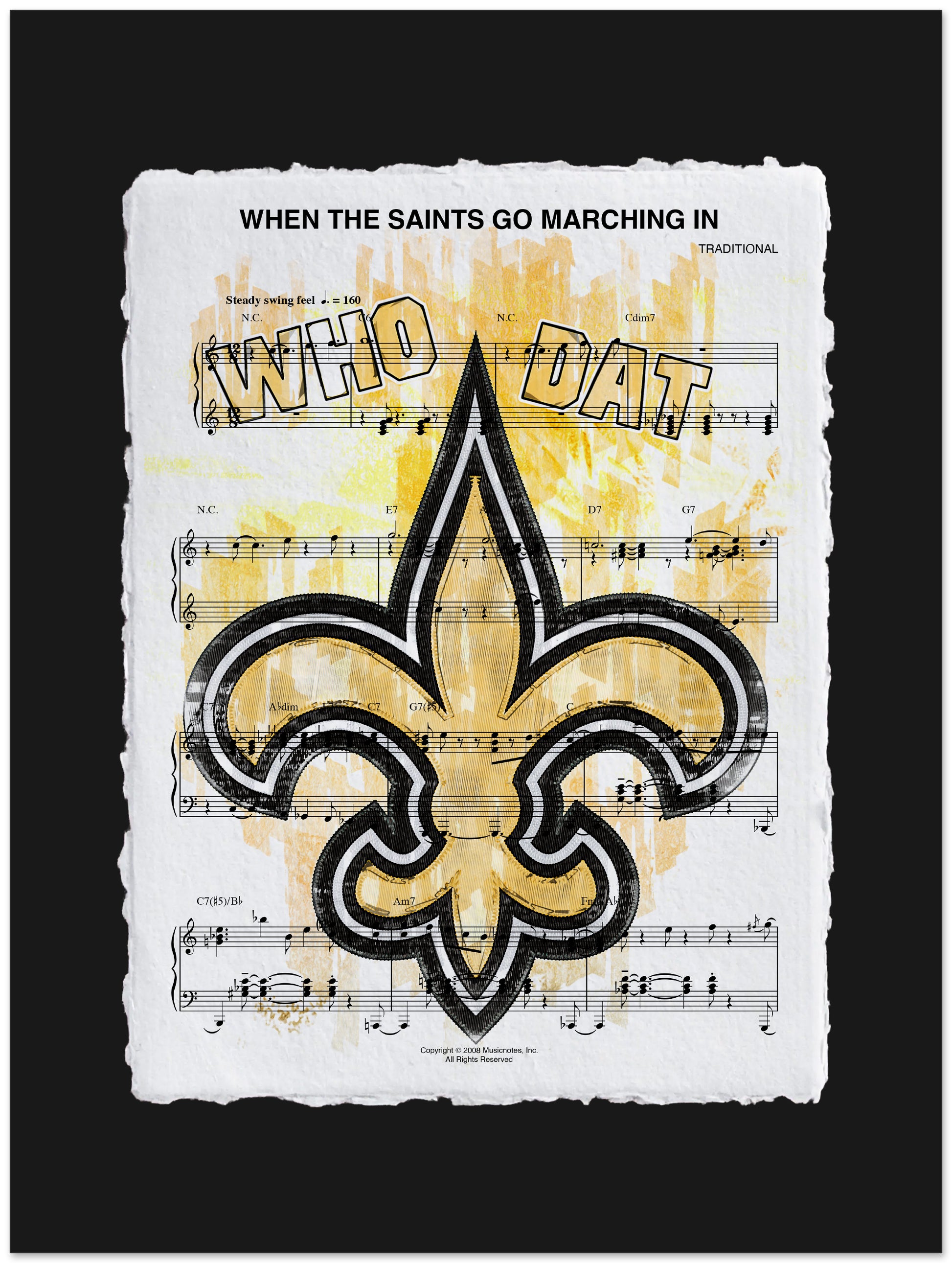 New Orleans Saints logo on sheet music with 'Who Dat' text