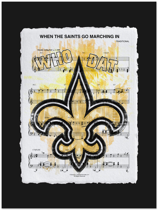 New Orleans Saints logo on sheet music with 'Who Dat' text