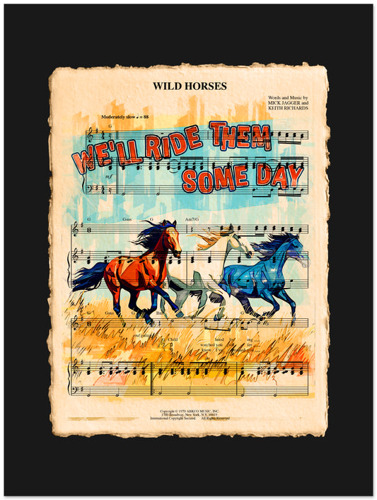 Sheet music with colorful horses and text on a black background