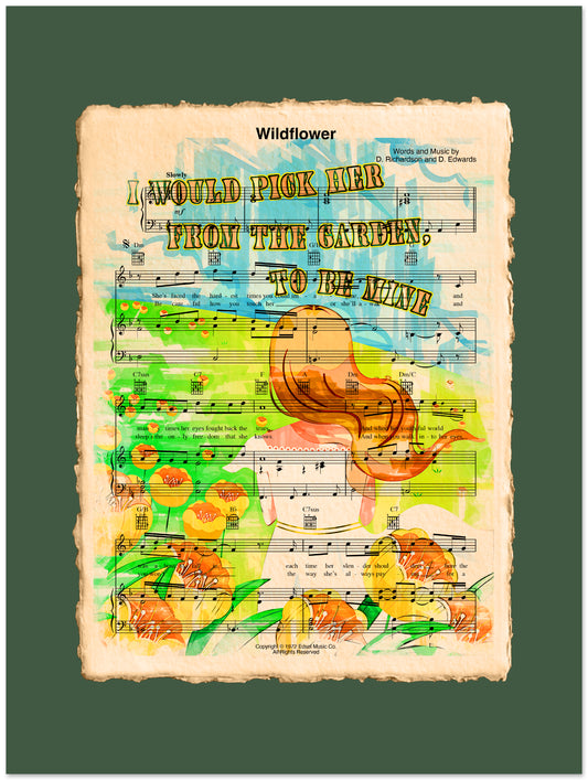 Sheet music with colorful floral design and text on a green background