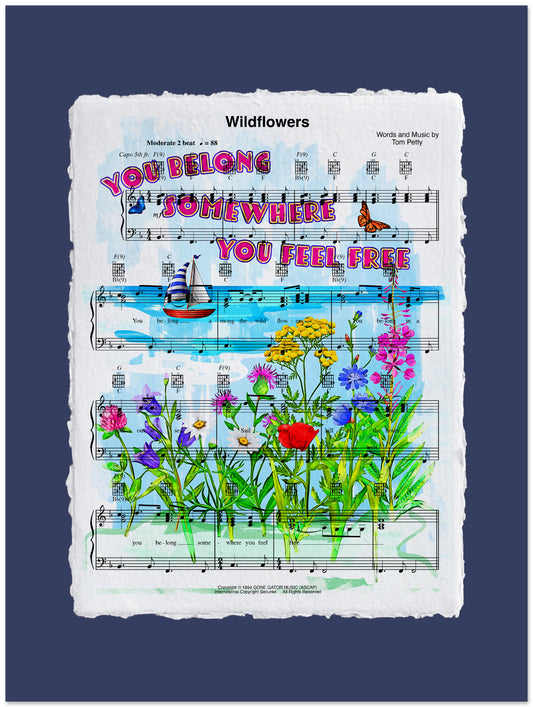 Sheet music with colorful flowers and decorative elements on a blue background