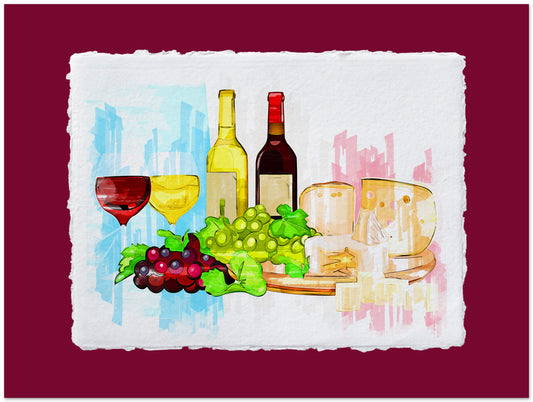Decorative mat with wine bottles, glasses, and grapes on a colorful abstract background