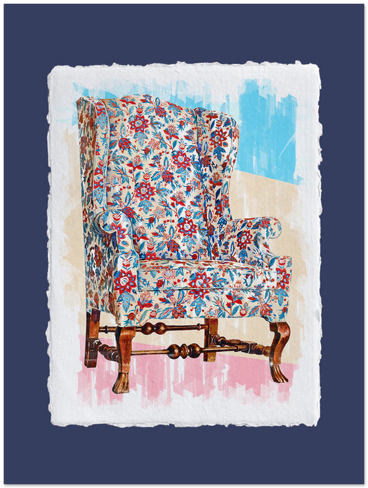 Decorative armchair with floral pattern on a textured blue background