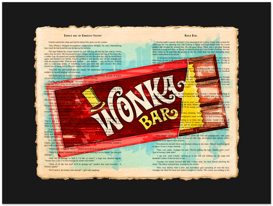 Wonka Bar packaging on a vintage-style paper background
