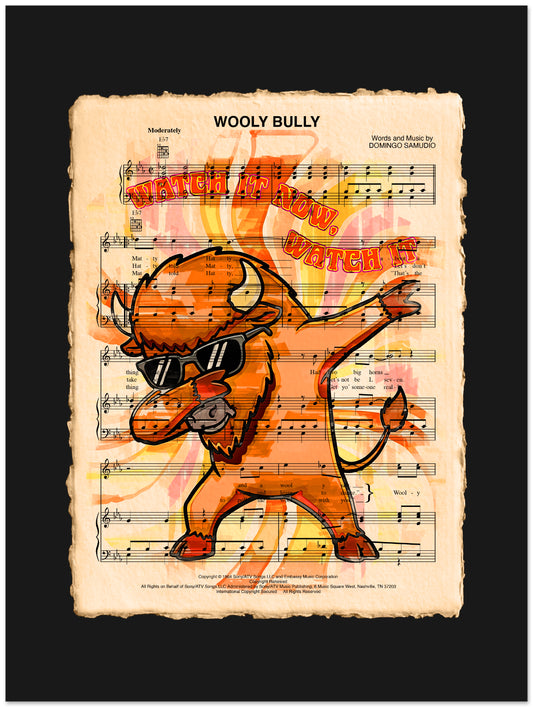 Illustration of a bison wearing sunglasses on a sheet music background with 'Wooly Bully' text.