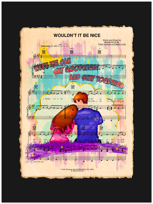 Colorful illustration of two people embracing on sheet music with text 'Wouldn't It Be Nice'.