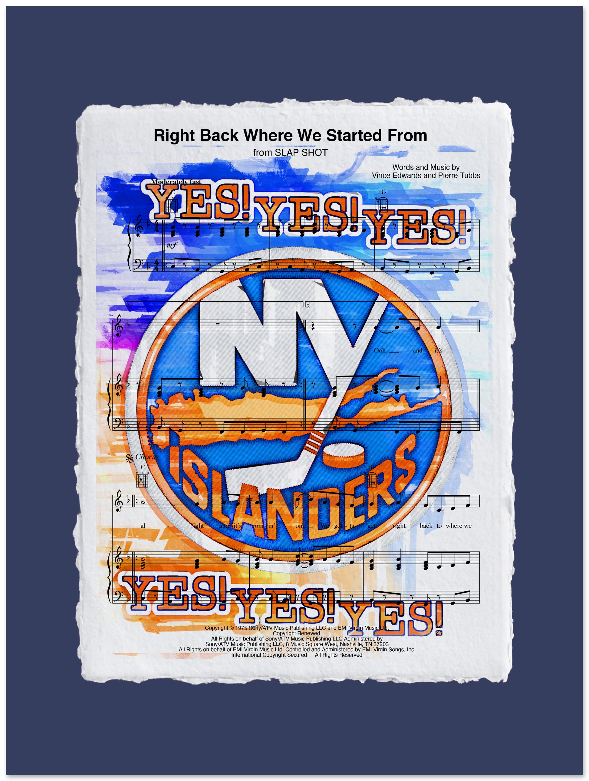 New York Islanders logo with musical notes on a dark blue background