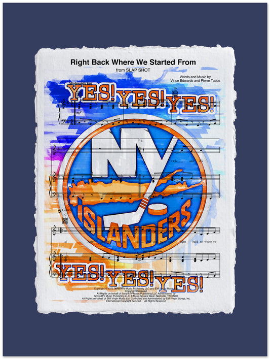 New York Islanders logo with musical notes on a dark blue background