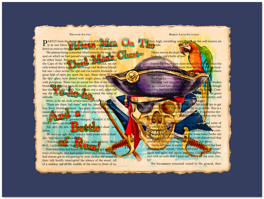 Pirate-themed artwork with a skull, parrot, and text on an old paper background