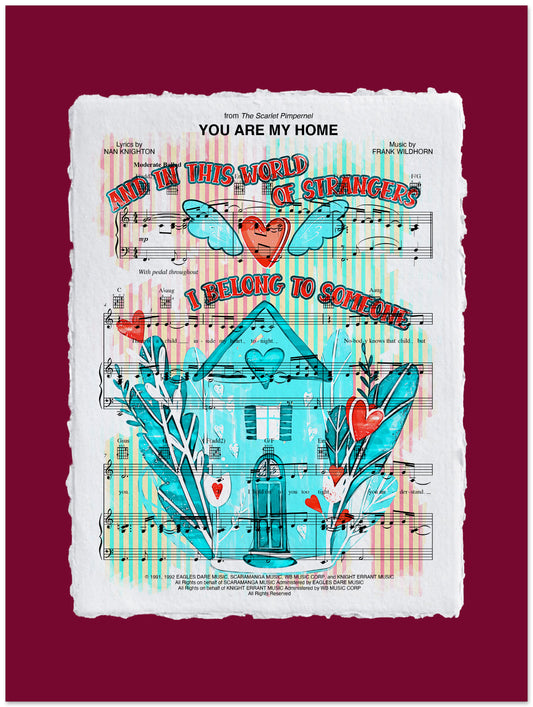 Sheet music with colorful illustrations and text on a red background