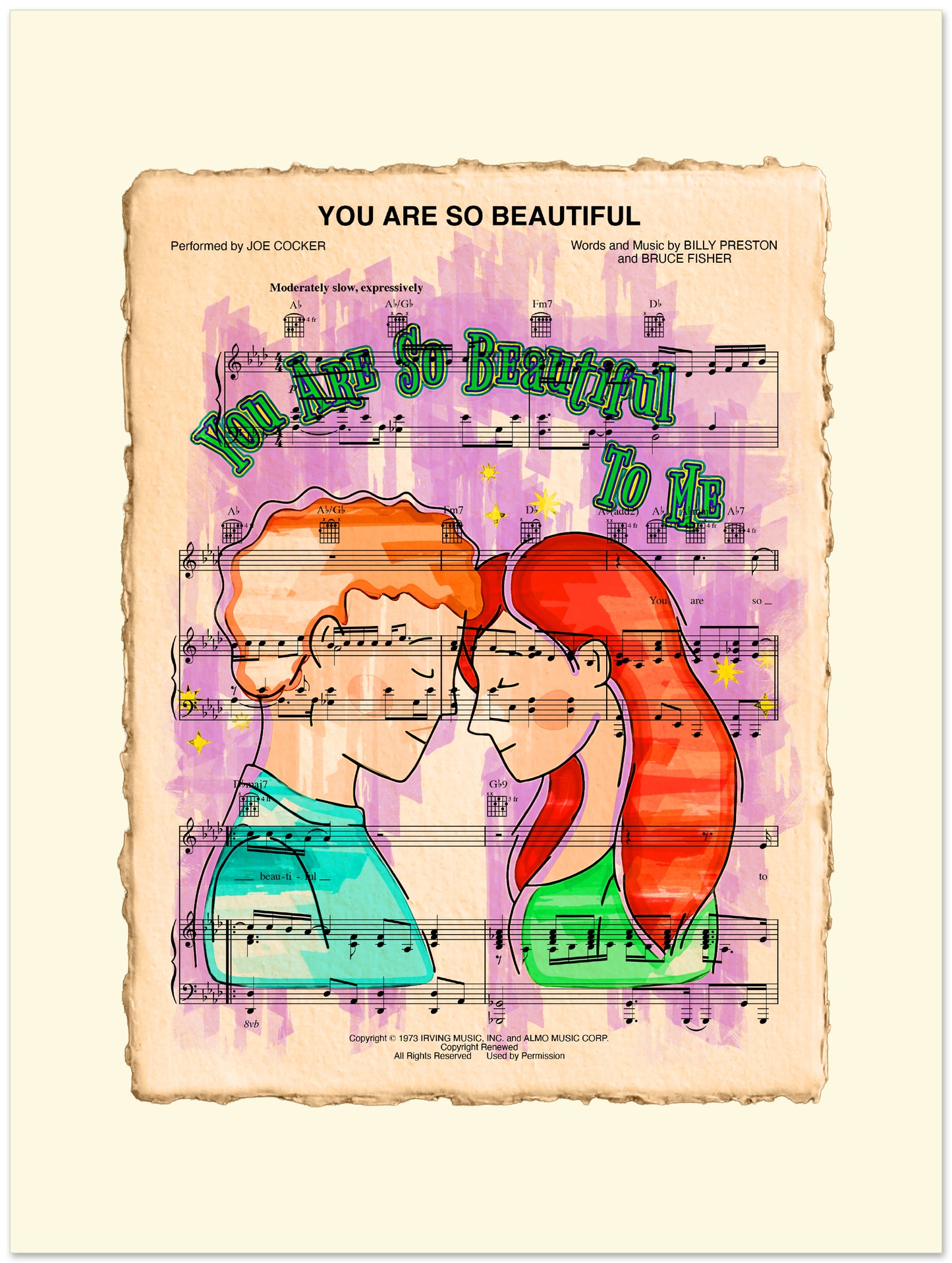 Sheet music with a couple's illustration and text 'You Are So Beautiful' on a white background