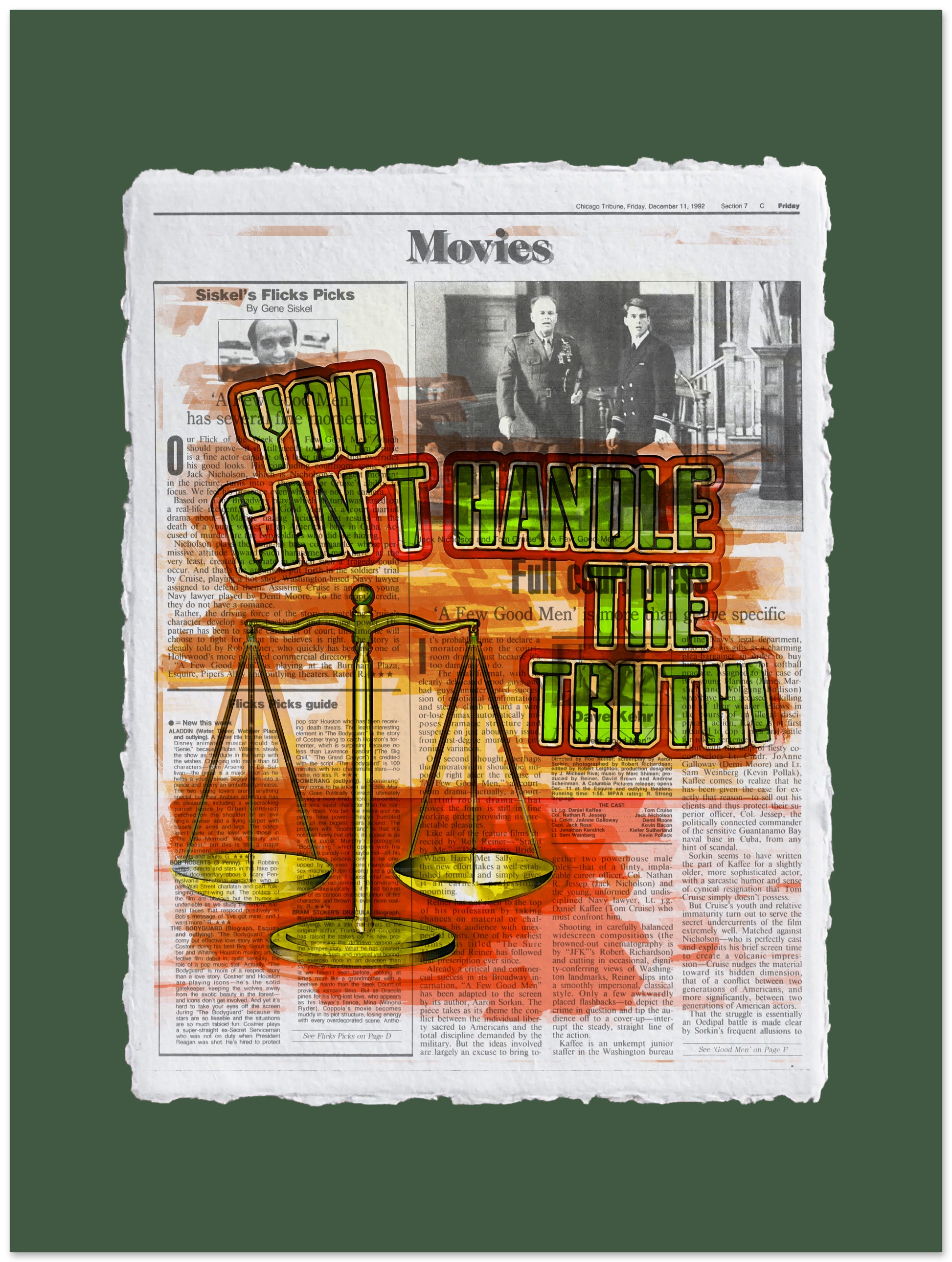 Newspaper with a graphic design of scales and text 'You Can't Handle the Truth' on a green background